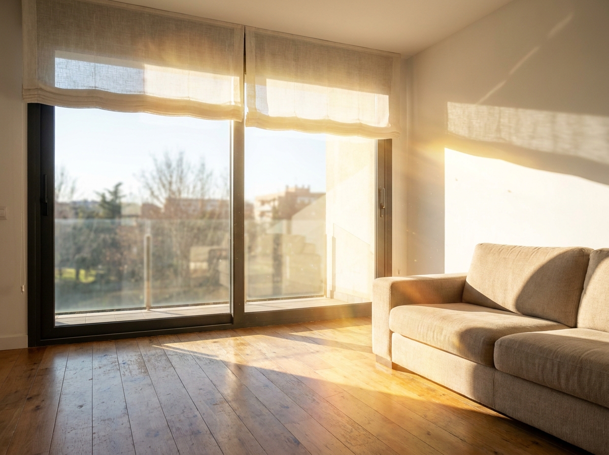 Sonne strahlt durch blankes bodentiefes Fenster und heizt Boden und Möbel im Raum auf