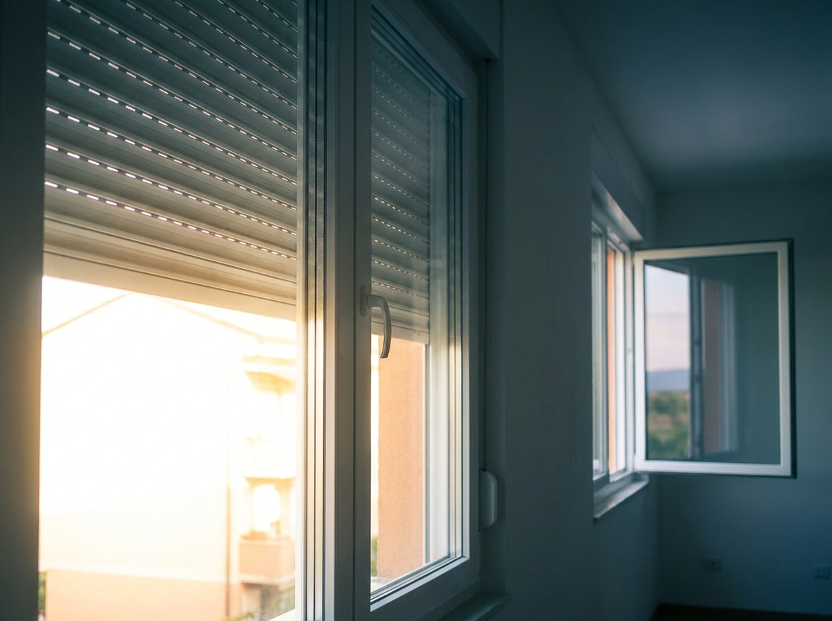 Außenliegender Rollladen beschattet ein Fenster, drinnen kühl und schattig trotz greller Sonne draußen